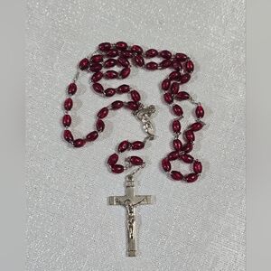 Autom Red Bead Rosary with Silver Tone Crucifix